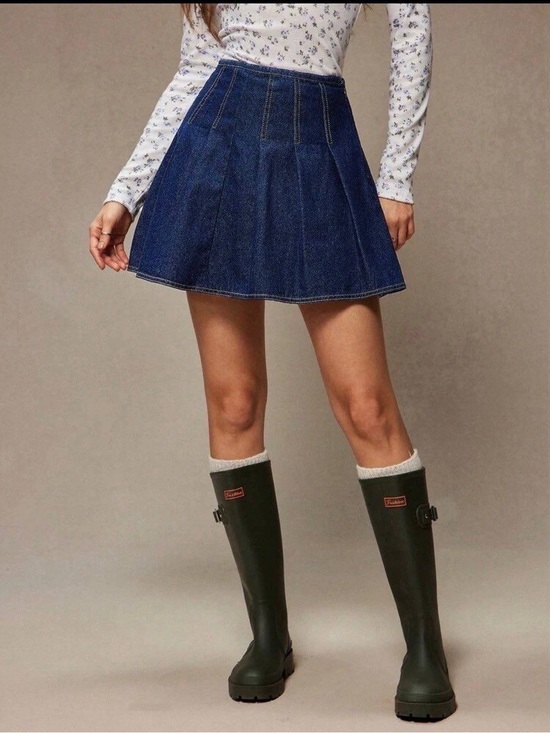 None Dresses & Skirts - High-Waist Pleated Denim Mini Skirt - Blue